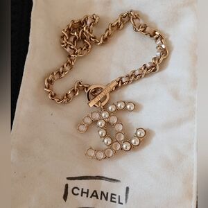 CHANEL New Authentic Pearl CC W/ Beige Lamb Leather threaded Chain Necklace